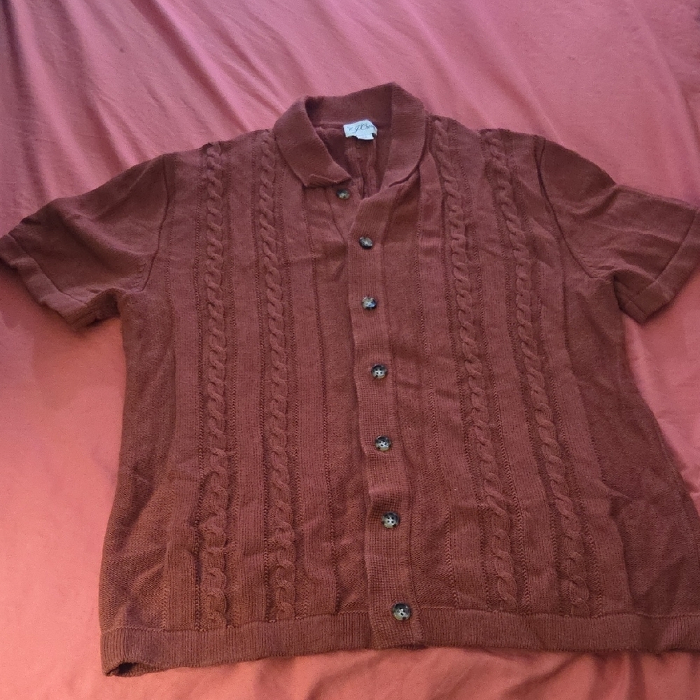 Rust Cable Knit Button-Up Shirt - Picture 2 of 10